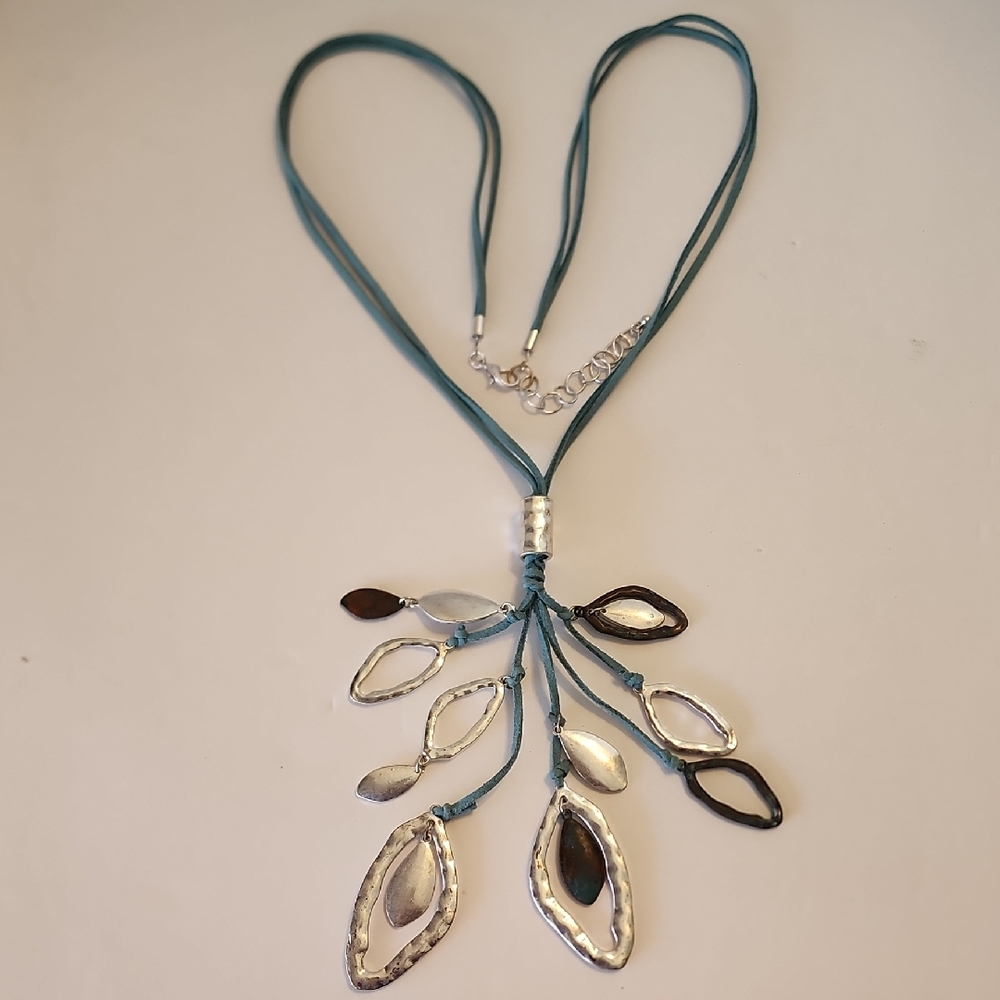 Teal Leather Cord Necklace Silver & Copper Colored Leaf Pendants Lobster Clasp